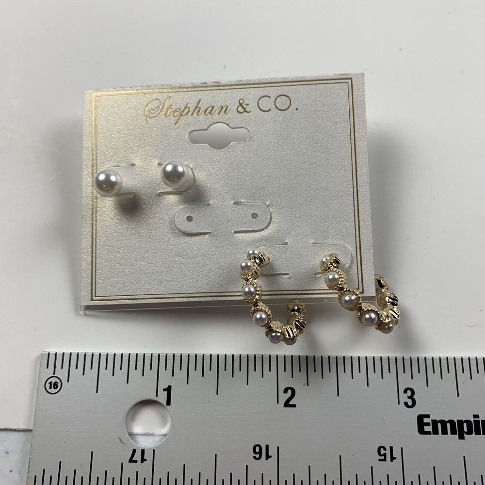 Stephan & Co Women Fashion Jewelry‎ Gold Pearl Stud hoop Earrings Set - Lot